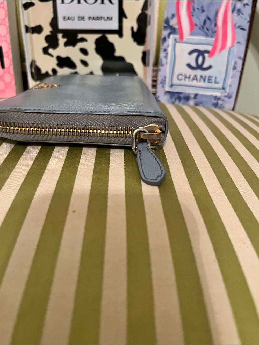 Prada Zip-Around Saffiano Wallet in Steel Blue with Gold Logo - Picture 7 of 11